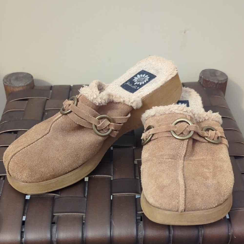 Yellowbox Tan Suede Clogs with Brass Accents